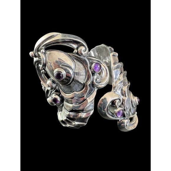 Margot De Taxco Mexico Sterling Silver Amethyst Koi Fish Clamper Bracelet #5207 - Picture 1 of 13